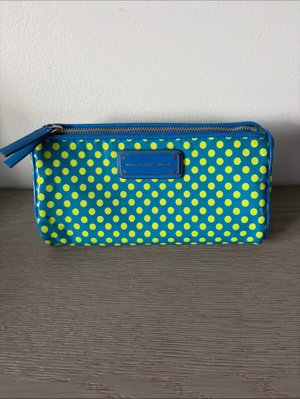 Marc by Marc Jacobs Blue Cosmetic Pouch with Neon Yellow Polka Dots